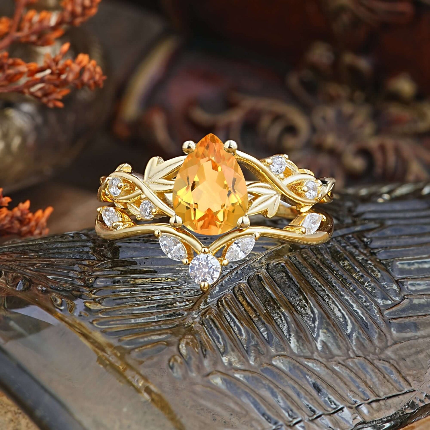 Luxury Nature-Inspired Pear Cut Vintage White 4 Prong Citrine Ring Pave Bridal Ring Set