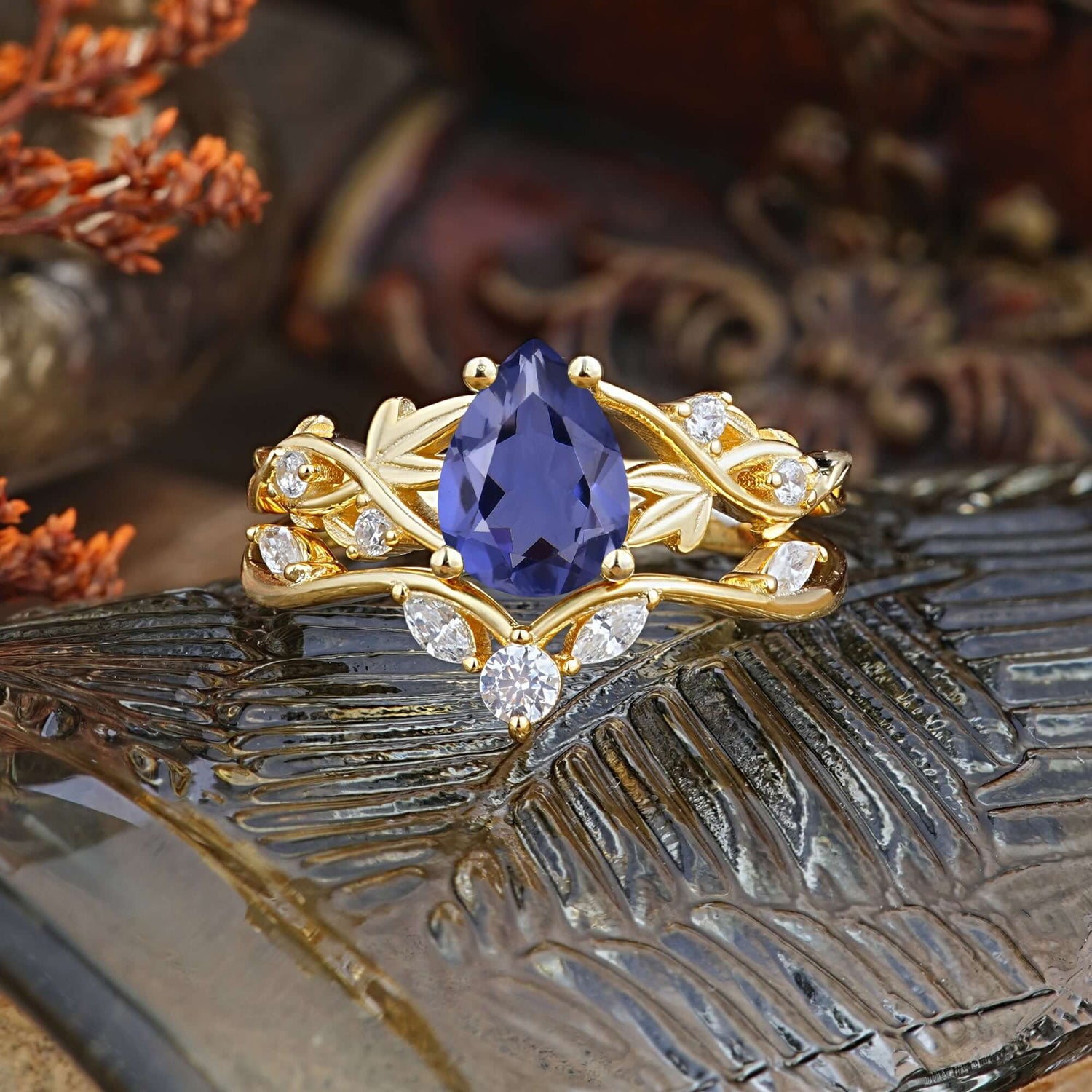 Luxury Nature-Inspired Pear Cut Vintage White 4 Prong Tanzanite Ring Pave Bridal Ring Set