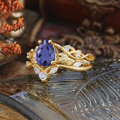 Luxury Nature-Inspired Pear Cut Vintage White 4 Prong Tanzanite Ring Pave Engagement Ring Set