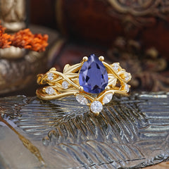 Luxury Nature-Inspired Pear Cut Vintage White 4 Prong Tanzanite Ring Pave Engagement Ring Set