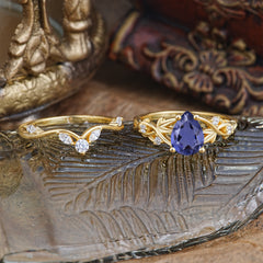 Luxury Nature-Inspired Pear Cut Vintage White 4 Prong Tanzanite Ring Pave Engagement Ring Set