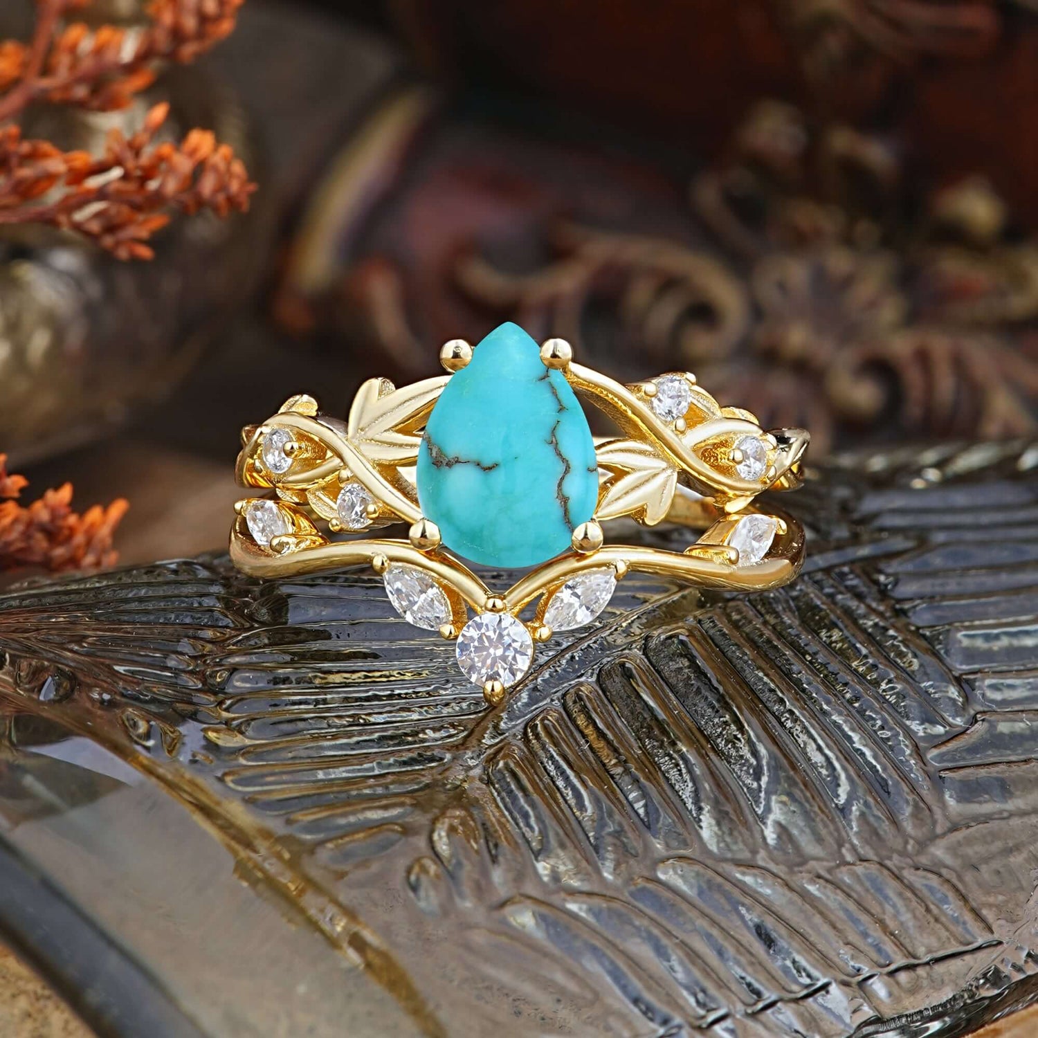 Luxury Nature-Inspired Pear Cut Vintage White 4 Prong Turquoise Ring Pave Bridal Ring Set