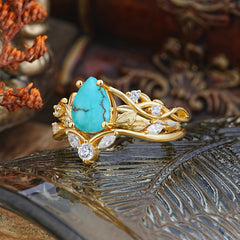 Luxury Nature-Inspired Pear Cut Vintage White 4 Prong Turquoise Ring Pave Engagement Ring Set