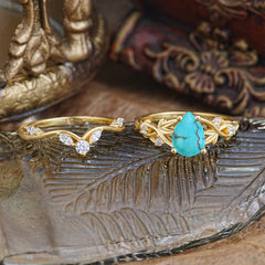 Luxury Nature-Inspired Pear Cut Vintage White 4 Prong Turquoise Ring Pave Engagement Ring Set