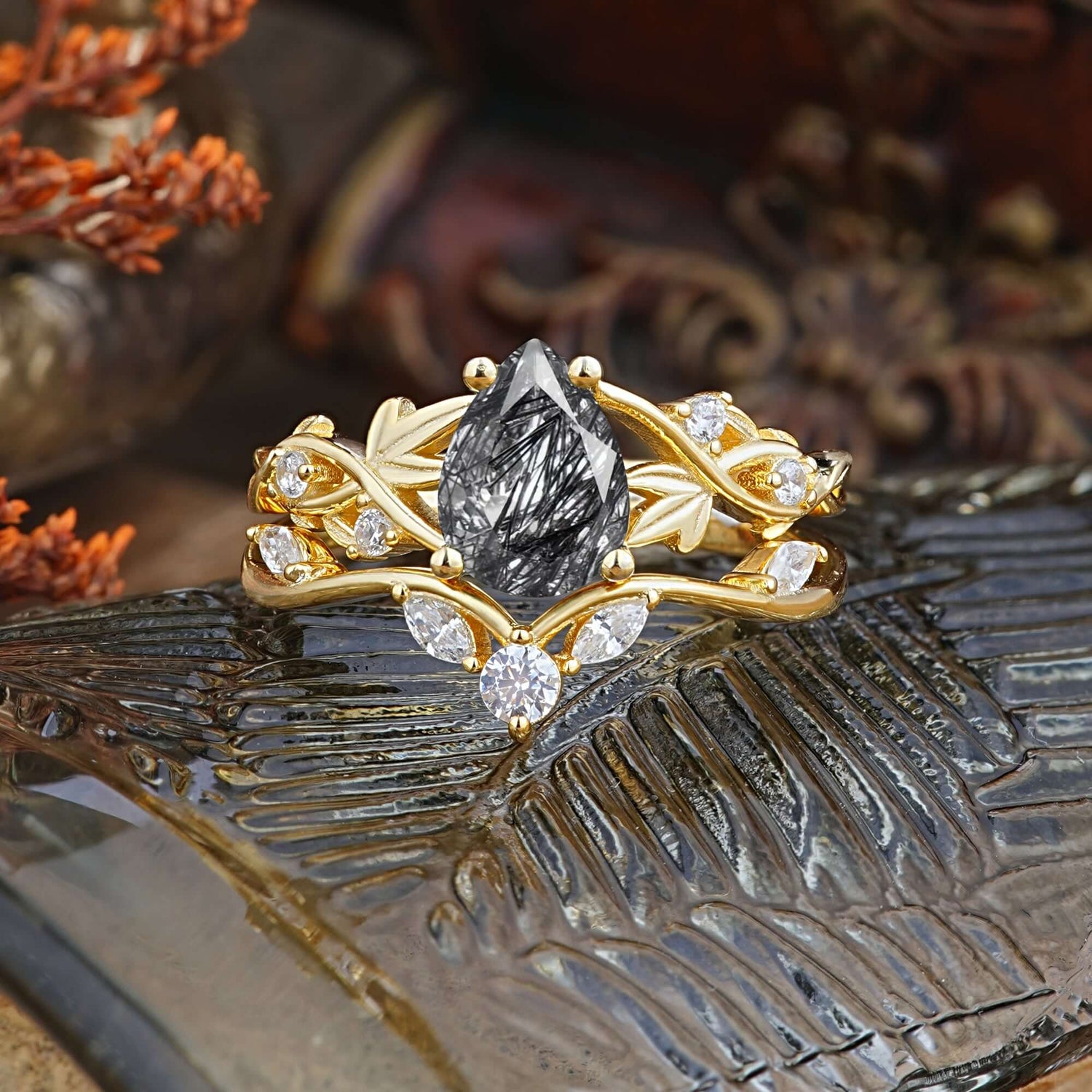 Luxury Nature-Inspired Pear Cut Vintage White 4 Prong Black Rutilated Quartz Ring Pave Bridal Ring Set