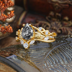 Luxury Nature-Inspired Pear Cut Vintage White 4 Prong Black Rutilated Quartz Ring Pave Engagement Ring Set