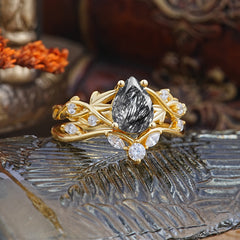 Luxury Nature-Inspired Pear Cut Vintage White 4 Prong Black Rutilated Quartz Ring Pave Engagement Ring Set