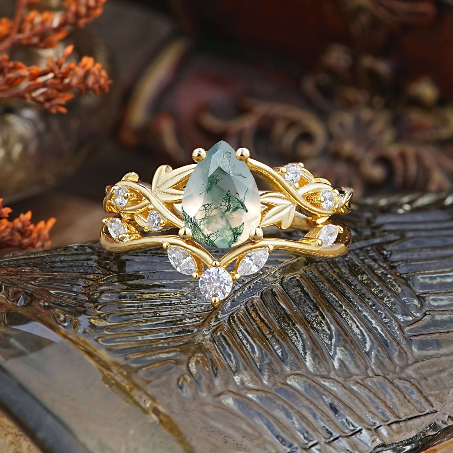 Luxury Nature-Inspired Pear Cut Vintage White 4 Prong Moss Agate Ring Pave Bridal Ring Set