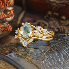 Luxury Nature-Inspired Pear Cut Vintage White 4 Prong Tanzanite Ring Pave Engagement Ring Set