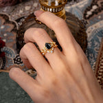 Luxury Nature-Inspired Pear Cut Vintage White 4 Prong Black Onyx Ring Pave Engagement Ring Set worn on hand.