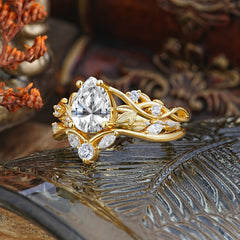 Luxurious Pear Cut Vintage White 4 Prong Lab Diamond Ring Pave Engagement Ring Set