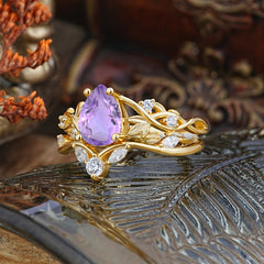Luxury Nature-Inspired Pear Cut Vintage White 4 Prong Amethyst Ring Pave Engagement Ring Set