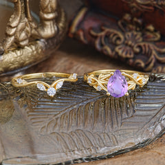 Luxury Nature-Inspired Pear Cut Vintage White 4 Prong Amethyst Ring Pave Engagement Ring Set