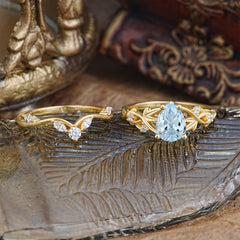 Luxury Nature-Inspired Pear Cut Vintage White 4 Prong Aquamarine Ring Pave Engagement Ring Set