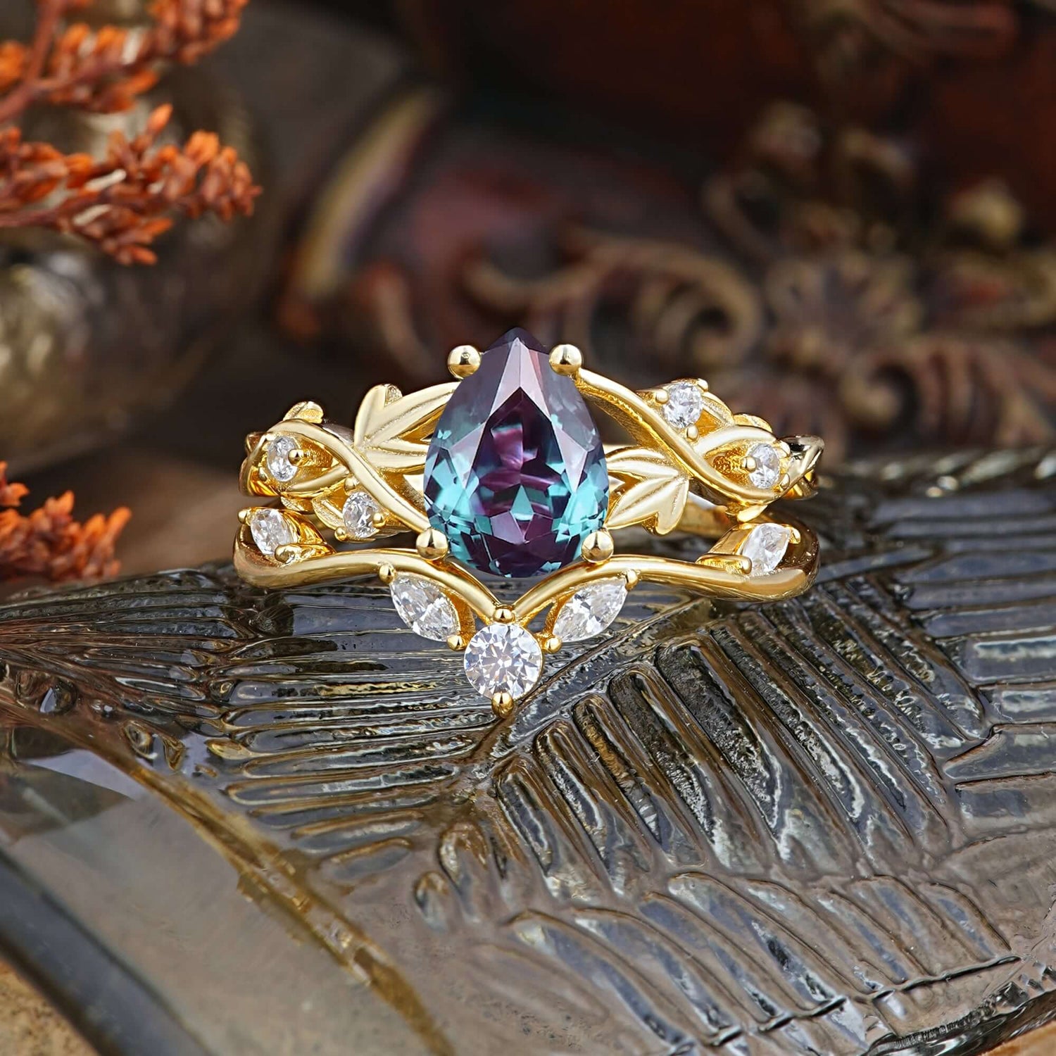 Luxury Nature-Inspired Pear Cut Vintage White 4 Prong Alexandrite Ring Pave Bridal Ring Set