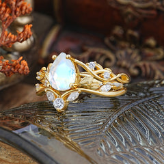 Luxury Nature-Inspired Pear Cut Vintage White 4 Prong Moonstone Ring Pave Engagement Ring Set