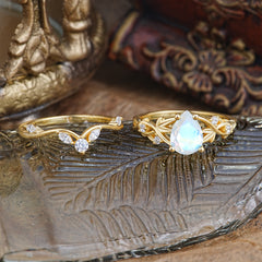 Luxury Nature-Inspired Pear Cut Vintage White 4 Prong Moonstone Ring Pave Engagement Ring Set