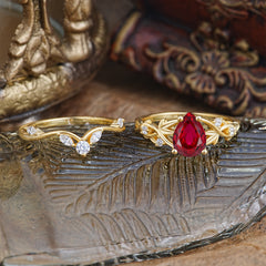 Luxury Nature-Inspired Pear Cut Vintage White 4 Prong Ruby Ring Pave Engagement Ring Set