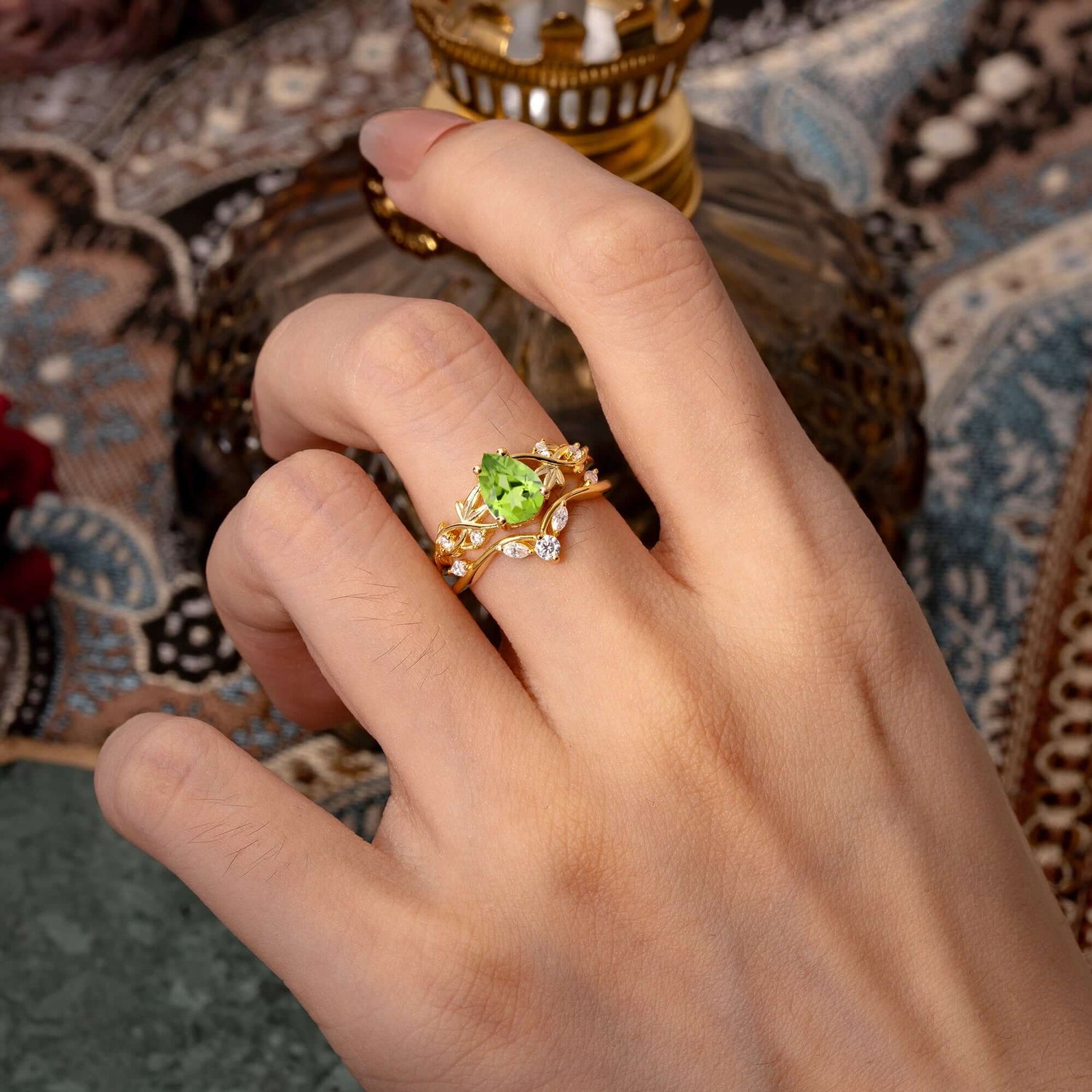 Luxury Nature-Inspired Pear Cut Vintage White 4 Prong Peridot Ring Pave Bridal Ring Set
