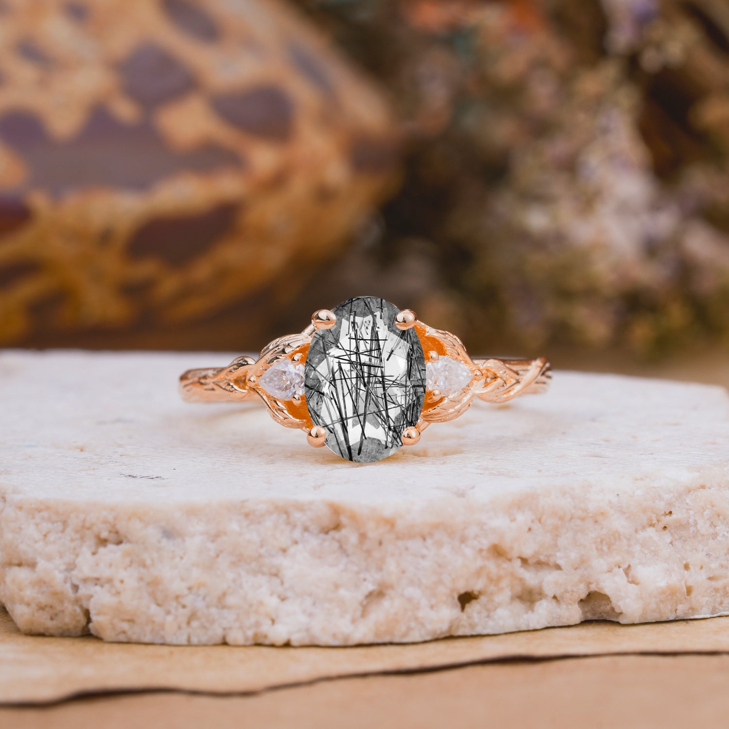 Nature-Inspired Oval Cut Black Rutilated Quartz Engagement Ring