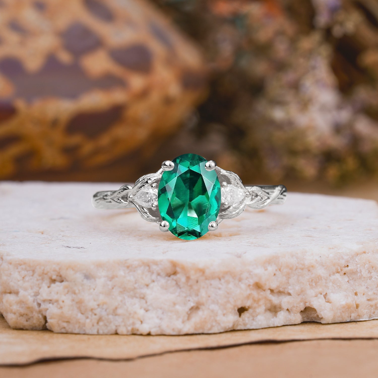 Nature-Inspired Oval Cut Emerald Engagement Ring
