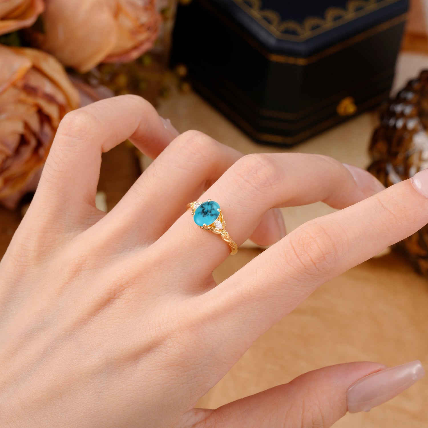 Nature-Inspired Oval Cut Turquoise Engagement Ring