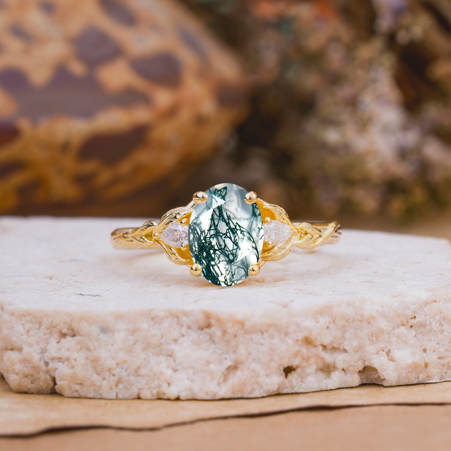 Nature-Inspired Oval Cut Moss Agate Engagement Ring