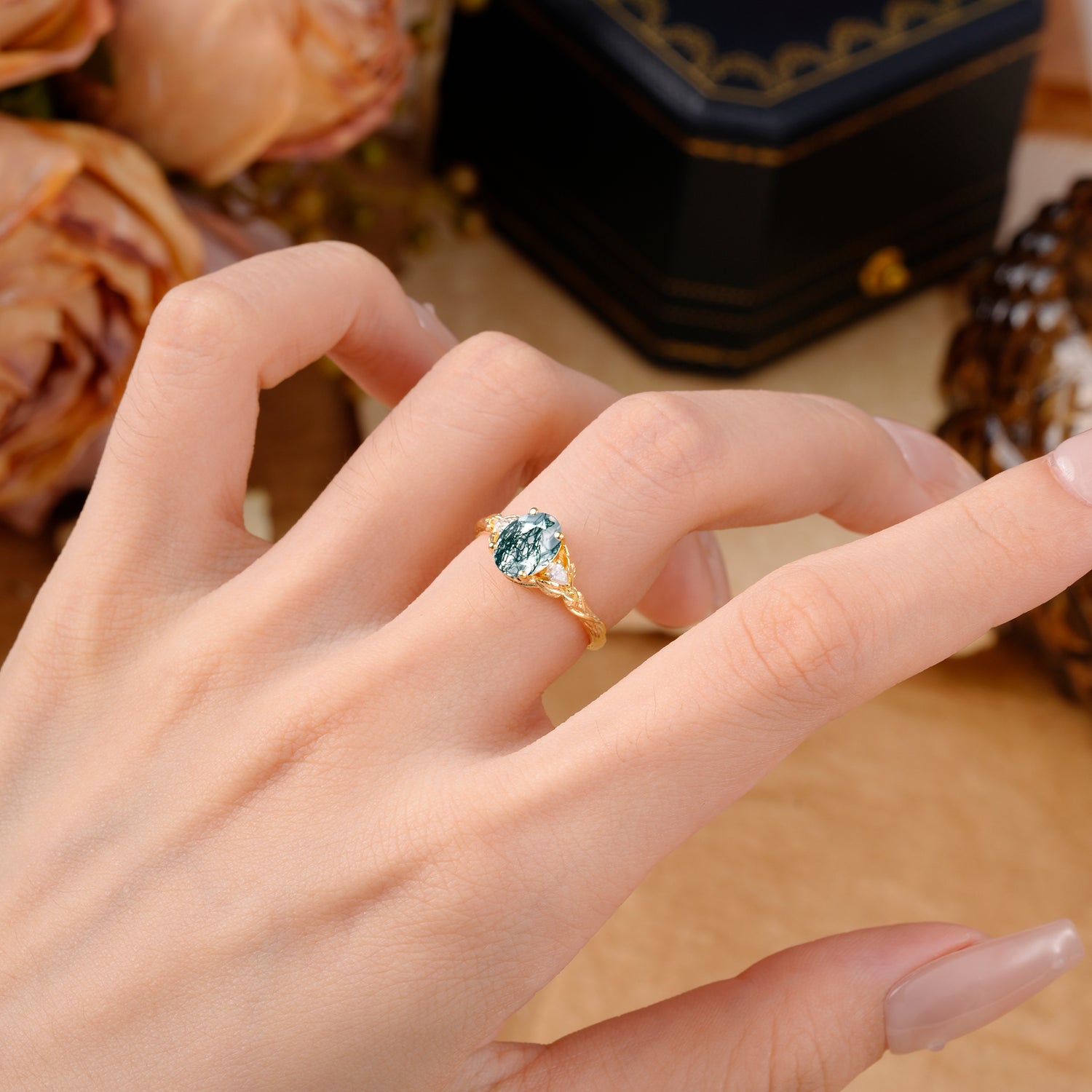 Nature-Inspired Oval Cut Moss Agate Engagement Ring