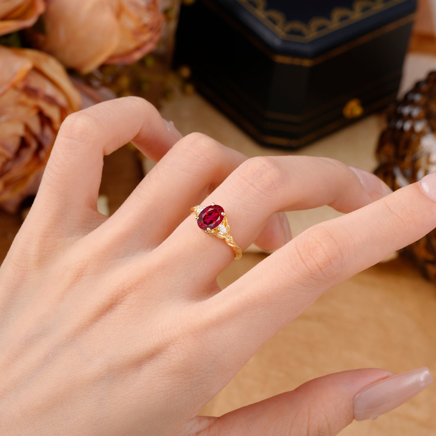 Nature-Inspired Oval Cut Ruby Engagement Ring