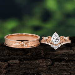 Nature-Inspired Pear-Cut Moissanite Couple's Engagement Ring Set