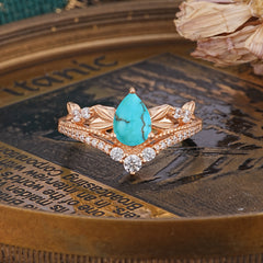 Nature-Inspired Pear-Cut Turquoise Couple's Engagement Ring Set