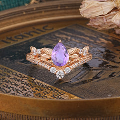 Nature-Inspired Pear-Cut Natural Amethyst Couple's Engagement Ring Set