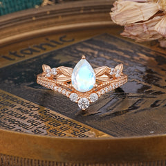 Nature-Inspired Pear-Cut Natural Moonstone Couple's Engagement Ring Set