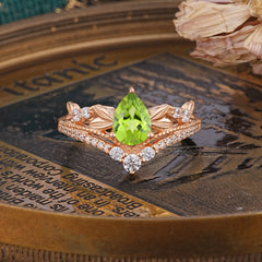 Nature-Inspired Pear-Cut Natural Peridot Couple's Engagement Ring Set