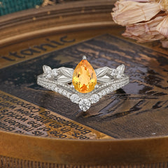 Nature-Inspired Pear-Cut Natural Citrine Couple's Engagement Ring Set