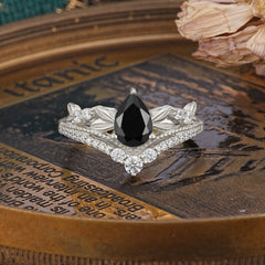 Nature-Inspired Pear-Cut Natural Black Onyx Couple's Engagement Ring Set