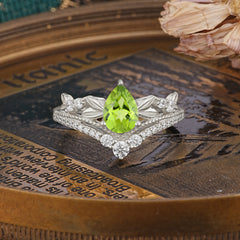Nature-Inspired Pear-Cut Natural Peridot Couple's Engagement Ring Set