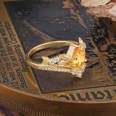 Nature-Inspired Pear-Cut Natural Citrine Couple's Engagement Ring Set
