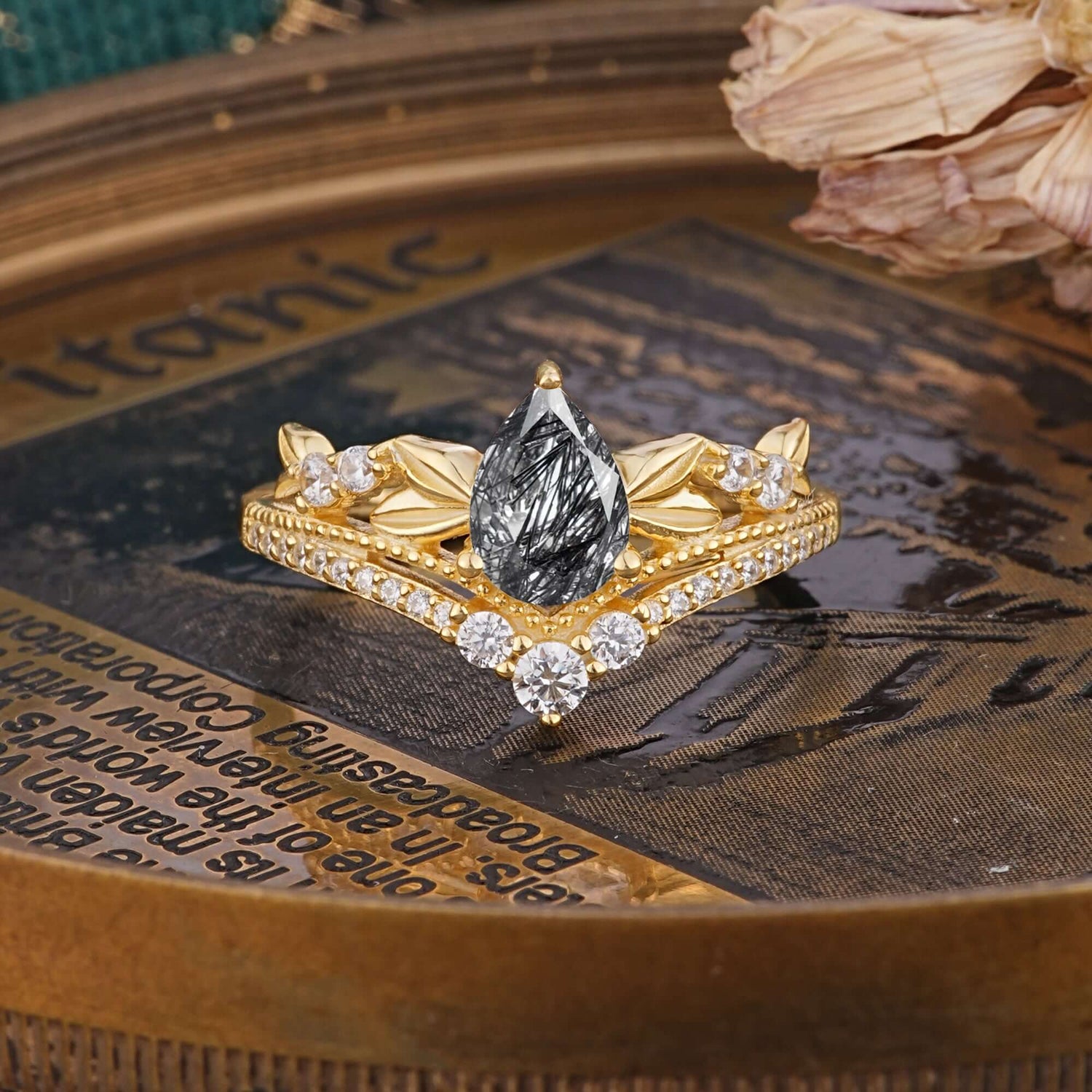Nature-Inspired Pear-Cut Natural Black Rutilated Quartz Engagement Ring