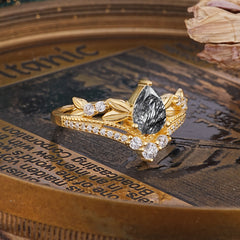 Nature-Inspired Pear-Cut Natural Black Rutilated Quartz Couple's Engagement Ring Set