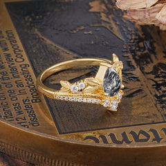 Nature-Inspired Pear-Cut Natural Black Rutilated Quartz Couple's Engagement Ring Set