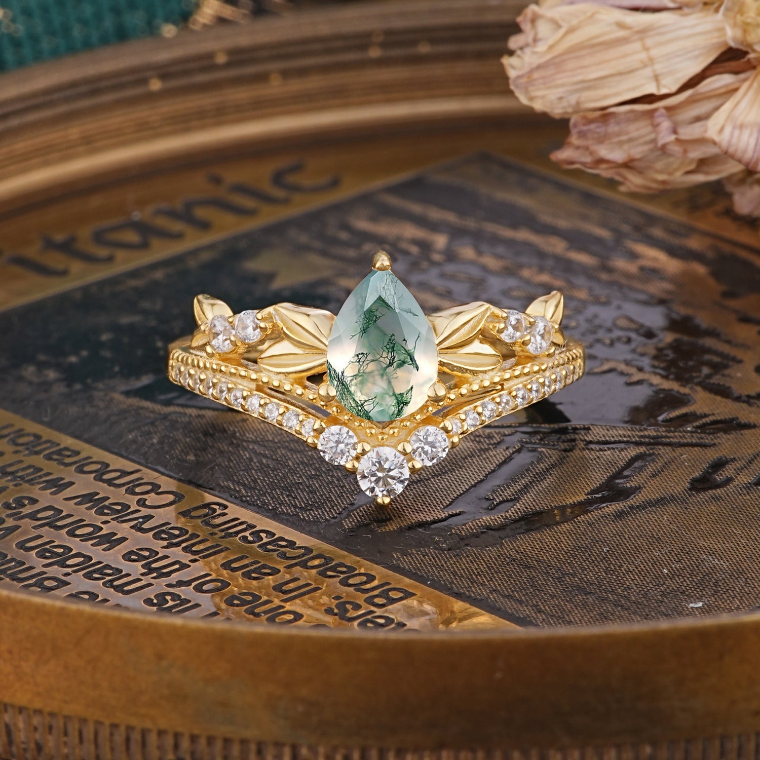 Nature-Inspired Pear-Cut Natural Moss Agate Engagement Ring