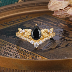 Nature-Inspired Pear-Cut Natural Black Onyx Couple's Engagement Ring Set
