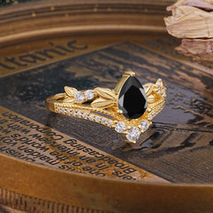 Nature-Inspired Pear-Cut Natural Black Onyx Couple's Engagement Ring Set