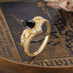 Nature-Inspired Pear-Cut Natural Black Onyx Couple's Engagement Ring Set