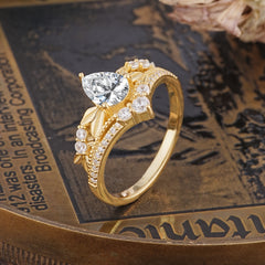Nature-Inspired Pear-Cut Lab Diamond Couple's Engagement Ring Set