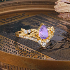 Nature-Inspired Pear-Cut Natural Amethyst Couple's Engagement Ring Set