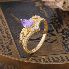 Nature-Inspired Pear-Cut Natural Amethyst Couple's Engagement Ring Set