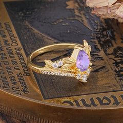 Nature-Inspired Pear-Cut Natural Amethyst Couple's Engagement Ring Set