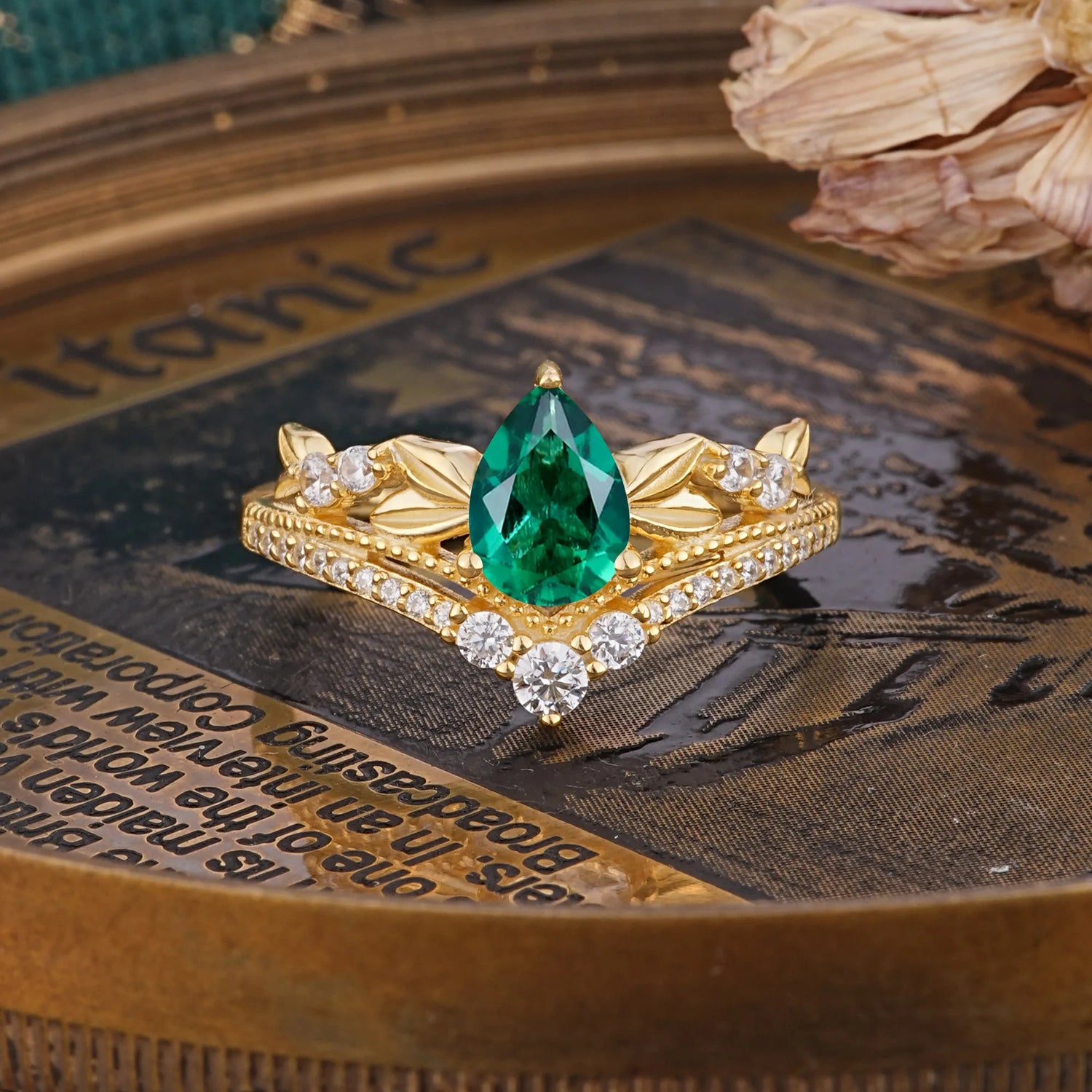 Nature-Inspired Pear-Cut Emerald Engagement Ring